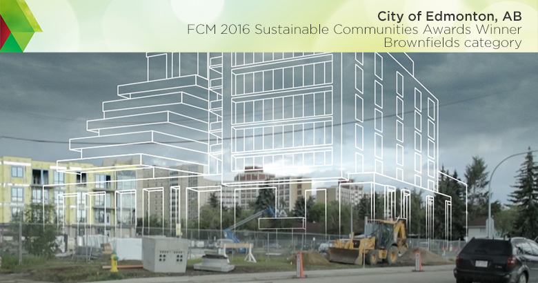 Composite image with line drawings of projected building plans overtop a photograph of a brownfield site, Edmonton, AB, 2016 Sustainable Communities Award winner