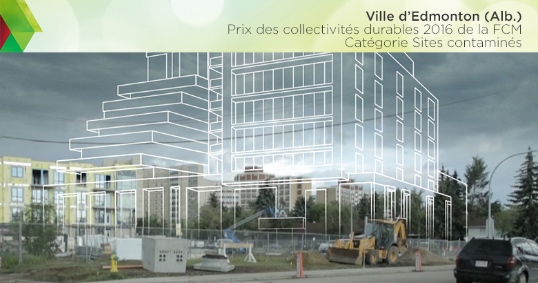 Image composite où un schéma unifilaire des plans de bâtiments prévus figure par-dessus une photographie d’un site contaminé, à Edmonton (Alberta), qui a remporté un Prix des collectivités durables 2016