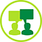 Icon of two individuals having a conversation, green speech bubbles above their heads.