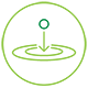 Outline of a green ball with a downwards pointing arrow to the center of two concentric circles.
