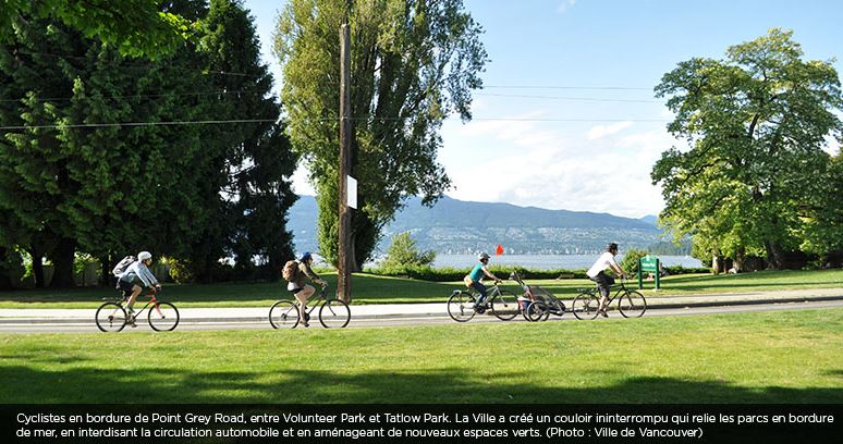 Cyclistes sur une voie cyclable le long de l’eau, à Vancouver, en Colombie-Britannique