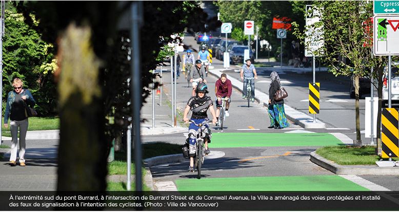 Cyclistes sur des voies cyclables avec des panneaux de signalisation sur la rue Burrard, à Vancouver, en Colombie-Britannique 